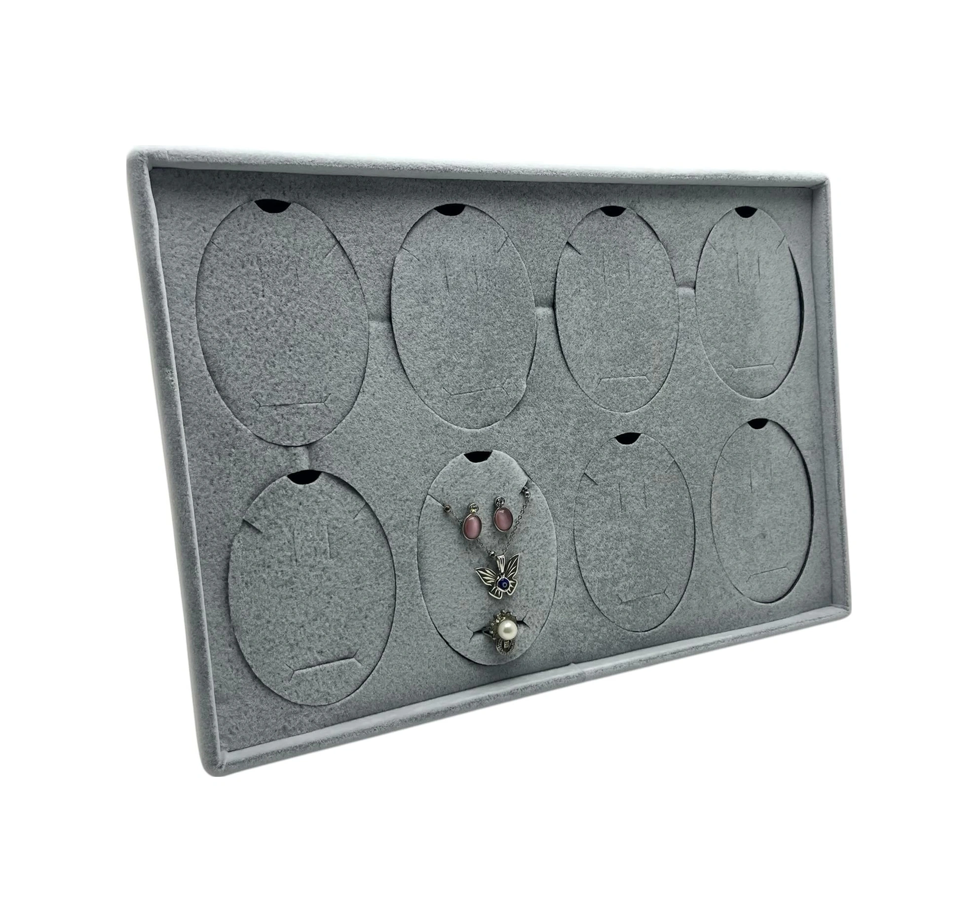 Süet Kumaş Gri 34-24 Cm Ayaklı 8 Pedli Kolye Tabla Stand