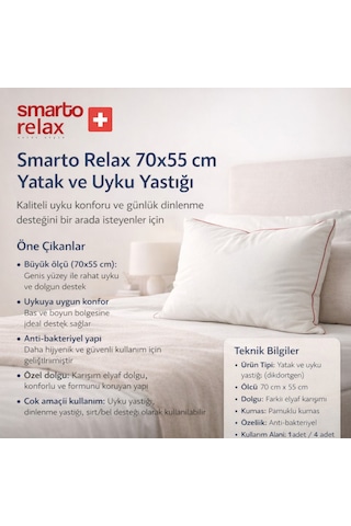 Smarto Relax Tekli 70x55 Cm Yatak Yastığı Karışım Elyaf Dolgu,pamuklu Kumaş, Anti-bakteriyel Büyük Boy Diğer