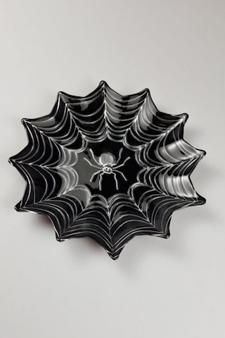 Örümcek Desen Siyah Gümüş Cam Servis Sunum Tabağı 21 Cm