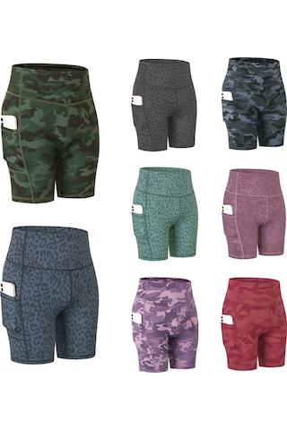 Teltree Kadın Yüksek Bel Spor Şortu, Orta Yeşil Kamuflaj Desenli, İki Taraflı Cep, Yüksek Esneklikli, Hızlı Kuruyan, Koşu Ve Yoga İçin Haki