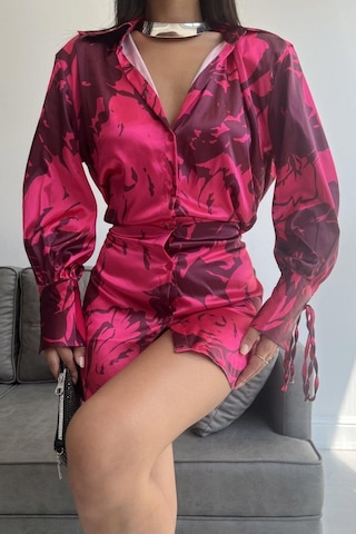 Vatkalı Manşet Detaylı Gömlek Elbise - Fuşya Fuşya