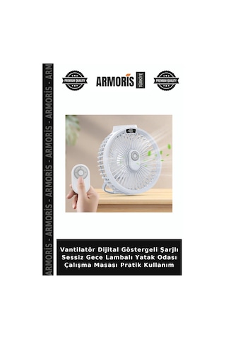 Vantilatör Dijital Göstergeli Şarjlı Sessiz Gece Lambalı Yatak Odası Çalışma Masası Pratik Kullanım