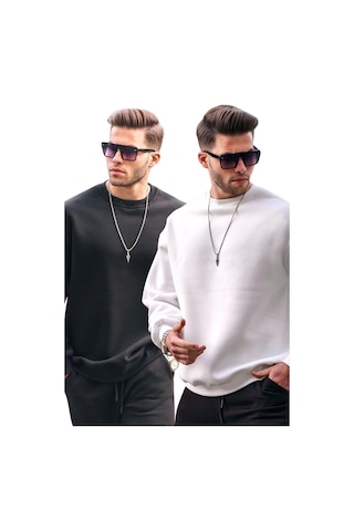 Madmext Siyah/beyaz Bisiklet Yaka Oversize Şardonlu Basic Erkek 2'li Paket Sweatshirt E7447 Siyah/beyaz