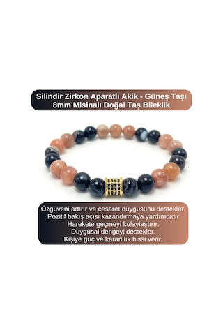 Sertifikalı Zirkon Aparatlı Göz Akik - Güneş Taşı - 8mm Doğal Taş Misinalı Bileklik Çok Renkli