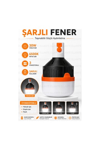 Şarjlı Led Kamp Feneri 30w Güçlü Işık 6500k Beyaz Aydınlatma 3 Fonksiyonlu Taşınabilir Acil Durum Ve Çok Renkli