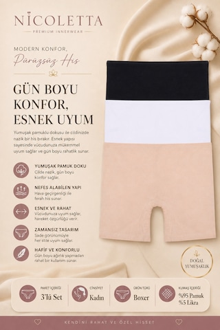 Nicoletta Kadın Paçalı Külot Pamuklu Şort Boxer 3 Lü Paket Mıxcolor