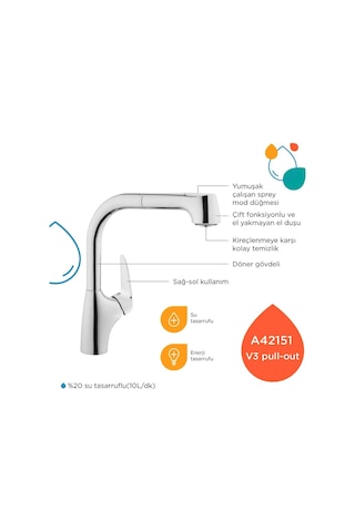 Artema A42151 V3 Pull-Out Eviye Bataryası Krom