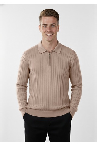 Deepsea Erkek Bej Slim Fit Polo Yaka Triko Kazak - Yumuşak Dokulu Esnek Ve Şık Görünüm 2605305 Bej