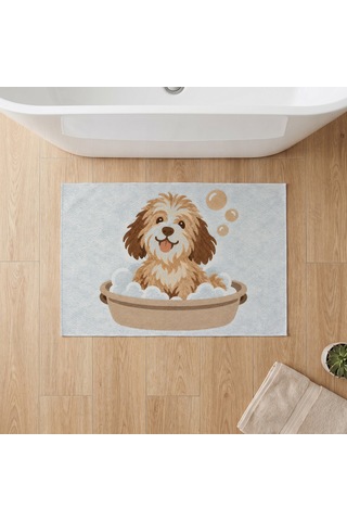 Kartela Halı Köpek Desenli Banyo Paspası Mavi Kaymaz Taban Makinede Yıkanabilir 60x90 Cm