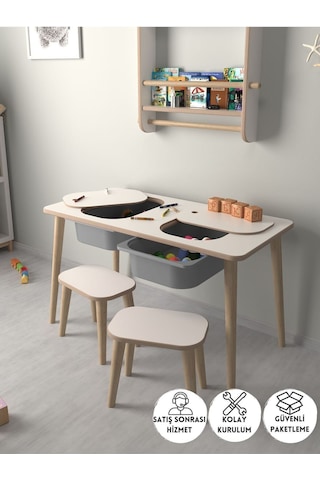 Çocuk Oyun Ve Aktivite Masası - 2 Tabure - Gri Sepetli Beyaz-gri Beyaz - Gri
