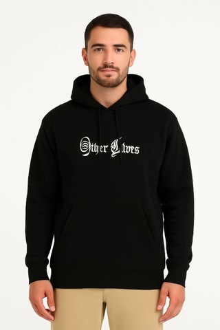 Vinevesta Erkek Kapüşonlu Kanguru Cepli Sweatshirt 3 İplik Pamuklu Baskılı Hoodie - Siyah Çok Renkli