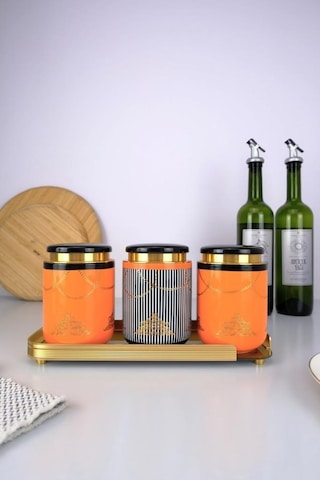 Acar 3 Lü Porselen Baharatlık Ve Cam Tepsili Çay Şeker Tuz Kavanoz Takımı Seti - Koh-05836