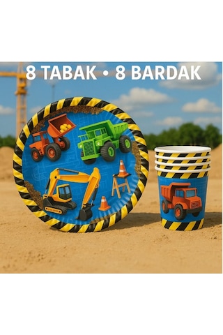 İnşaat Temalı Karton Tabak Ve Bardak Seti 8+8 Adet Çok Renkli