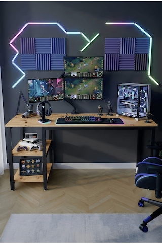 Reflekta Raflı Oyuncu Masası 60x160 Cm. Gaming Masa Demonte Atlantik Çam-siyah