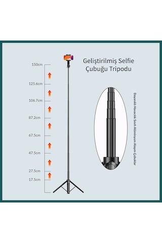 Apexel 1.5 Metre Profesyonel Uzayan Bluetooth Selfie Çubuğu Ve Tripod Standı