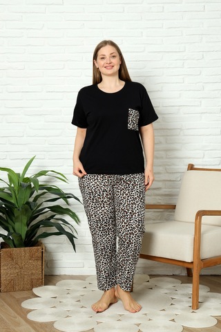 %100 Pamuk Büyük Beden 3 Parça Kadın Pijama Takımı Leopar