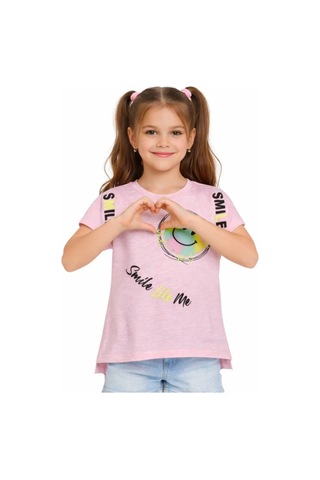 İrem Çocuk Giyim Kız Çocuk Smile Yazılı Emojili Desenli Pembe Renk Kısa Kol Tişört Pembe