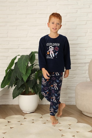 Yeni Stil Sonbahar/kış Erkek Çocuk Uzay Figür Astronot Desen Polar Pijama Takımı 4565 Lacivert