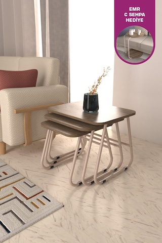 Vilinze Zigana Çok Amaçlı Vizon Metal Ayak 3'lü Kestane Mdf Zigon Sehpa Vizon-kestane