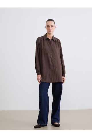 Lcw Everyday Kahverengi Gömlek Yaka Çizgili Oversize Armürlü Kadın Tunik