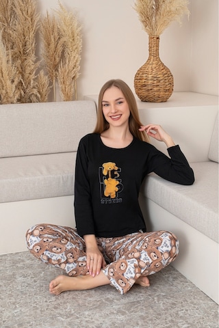 Kadın Pamuklu Baskı Detaylı Uzun Kollu Pijama Takım Siyah