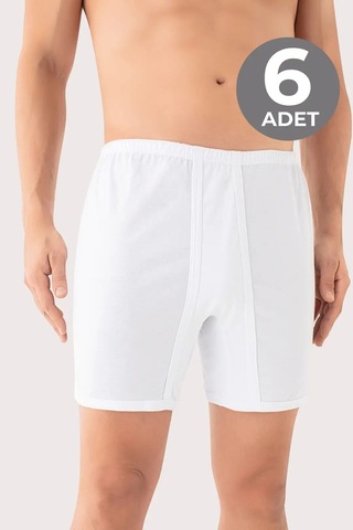 Terrien Özel Seri Günlük Çamaşır Giyim Hediye Erkek Paçalı Külot Boxer 6'lı Paket Beyaz %100 Pamuk Penye