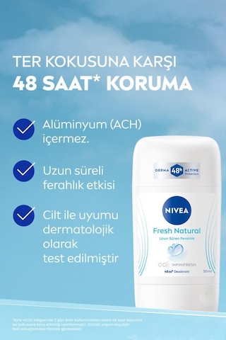 NIVEA Kadın Stick Deodorant Fresh Natural 50 ML, Ter Kokusuna Karşı 48 Saat Koruma, Uzun Süren Ferahlık