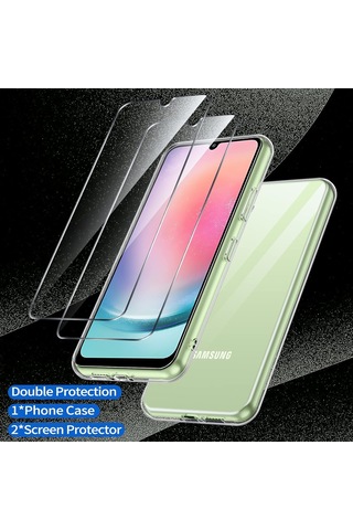Samsung Galaxy Uyumlu A24 Şeffaf Silikon Kılıf & 2 Adet Temperli Cam Ekran Koruyucu Seti