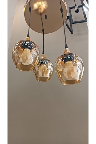 3'lü Krom Şapkalı Sarı Açık Ağız Camlı Sarkıt Avize Gold