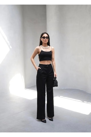 Defymoda Arkasi Lasti Kli Pi Leli Dökümlü Wide Leg Pantolon Siyah