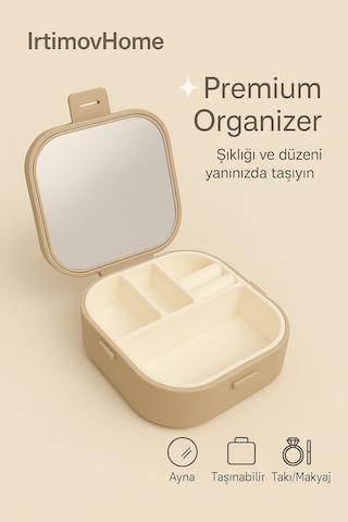 Makyaj Aynalı Takı Ve Aksesuar Kutusu Taşınabilir Organizer Kutu Bej