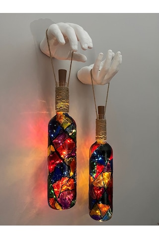 Beyaz Heykel El Dekorlu Led Işıklı Vitray Cam Şarap Şişesi Aplik Beyaz