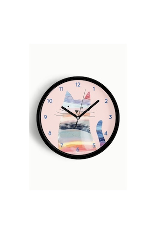 Renkli Kedi Tasarım Modern Duvar Saati - Çocuk Odası Duvar Saati - 30cm - Önü Camlı Siyah Kasa-jh1127 Siyah