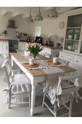 Gri Çizgili Buldan Yıkanmıs Keten 4 Tarafı Fırfırlı Sandalye Minderi Renkli