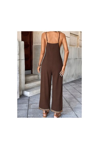 Butik İstanbul Kadın Ip Askılı V Yakalı Etnik Serit Desenli Cep Detaylı Janjan Krep Tulum Kahve