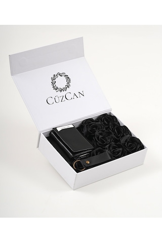 Premium Gift Rose Box - Siyah Hakiki Deri Mekanizmalı Cüzdan Anahtarlık Ve Siyah Gül Kutusu Siyah