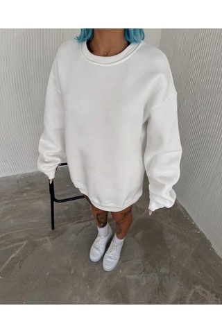Zenna Tarz Kışlık Bisiklet Yaka Üç İplik Basic Sweatshirt - Beyaz