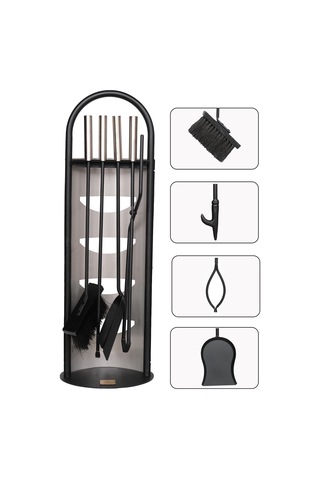 5 Li Lüx Ithal İnox Standlı Şömine - Soba Maşa Takımı Aksesuar Seti