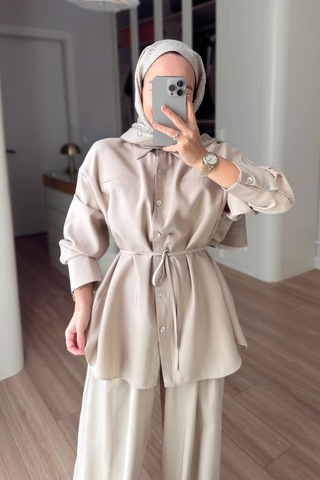 Ka Hijab Bağcıklı Bluz Pantolon Takım - Bej