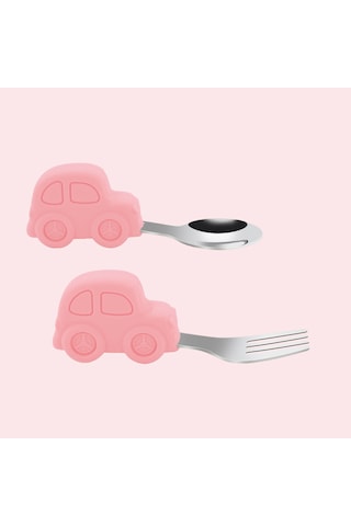 Pembe Renk Premium Çocuk Bpa Free Silikon Saplı Paslanmaz Çelik Uçlu Çatal-kaşık, 9+ Ay