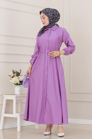 Sevitli Beli Lastikli Cepli Yasmin Elbise-lila-5269