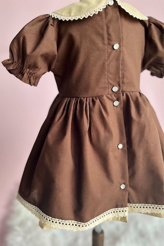Dantel Detaylı Bebe Yaka Kahve Camel Vintage Kız Çocuk Bebek Bayram Elbise 001
