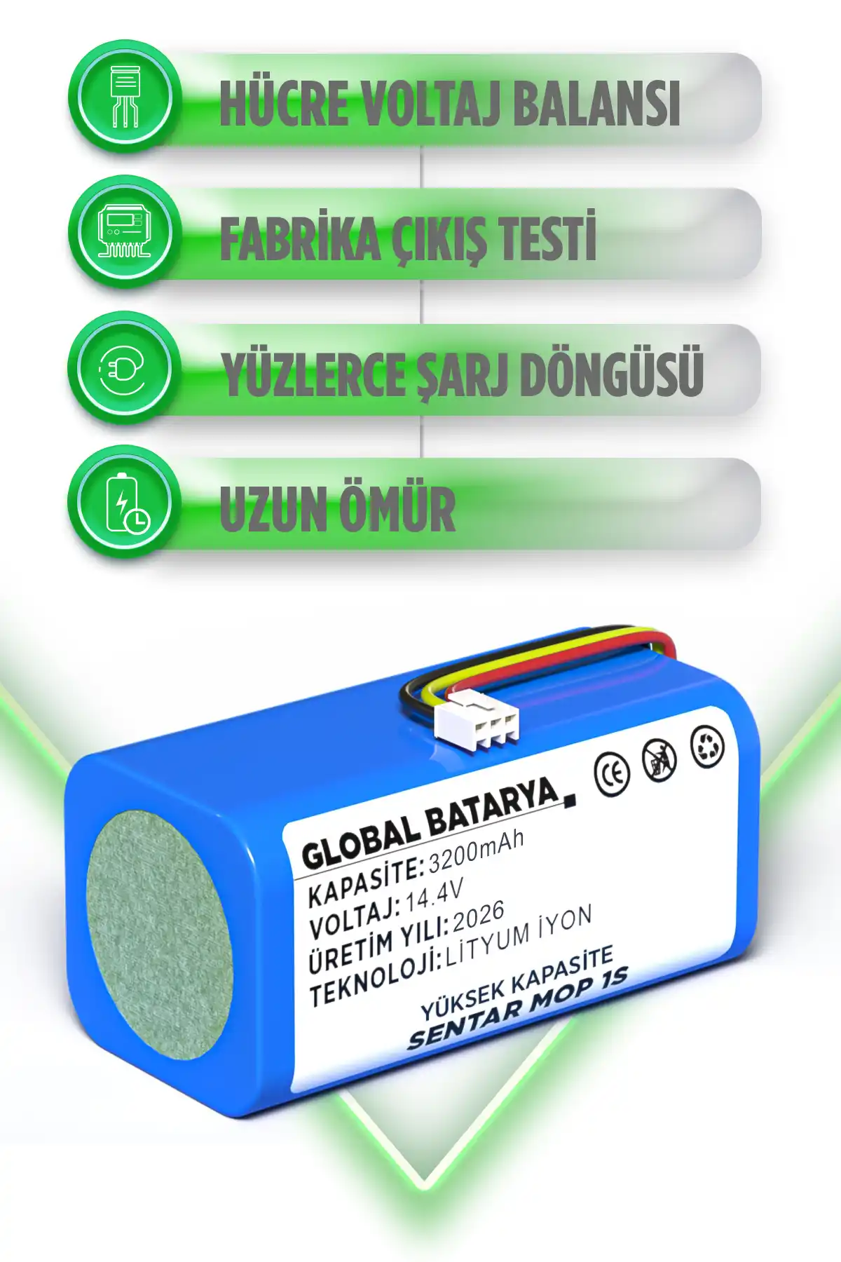 Sentar Mop 1s Uyumlu Akıllı Robot Süpürge Bataryası 14.4v 3200mah Pil Yüksek Kapasite