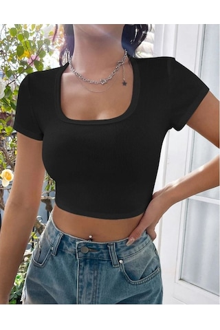 Rooted-kadın Kare & Havuz Yaka Crop T-shirt ,likralı Fitilli Kaşkorse Kumaş SIYAH