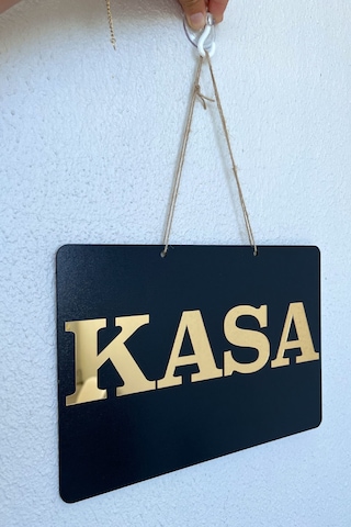 Kasa Yazılı Yönlendirme Tabelası - Siyah Mdf Üzeri Gold Aynalı Pleksi 29x20 Cm