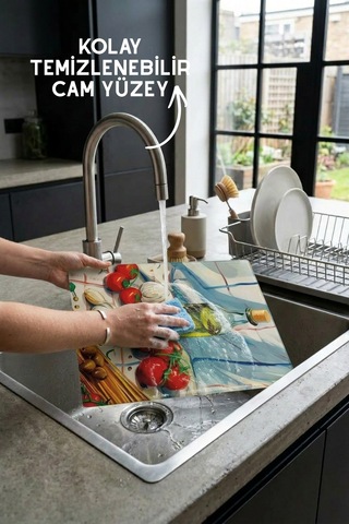 İtalyan Mutfak Desenli Cam Kesim Tahtası - 25x35cm -dayanıklı Ve Pratik Kesim Matı Çok Renkli