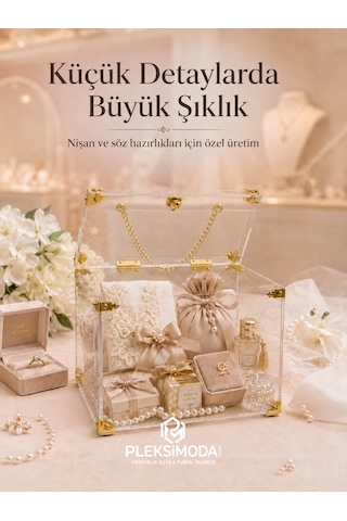 Şeffaf Söz Nişan Düğün Sandıkları 3 Lü Set - Pleksi Sandık Altın - Şeffaf