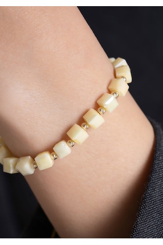 14 Ayar Altın Krem Taşlı Dorika İpli Bileklik 5 Mm Sarı Altın