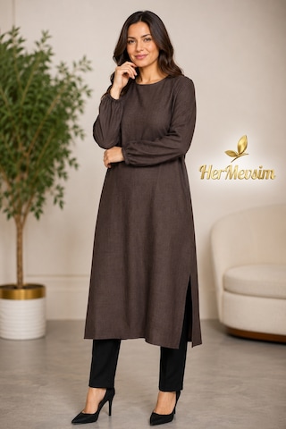 Hermevsim Missbah Kadın Efnan Keten Basic 115cm Yanı Yırtmaçlı Uzun Kahve Tunik Kahverengi