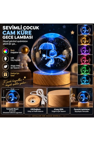 Şemsiyeli Çocuk Tasarımlı Cam Küre Gece Lambası Usb Li Ahşap Altlıklı Dekoratif Lamba 6 Cm Şeffaf